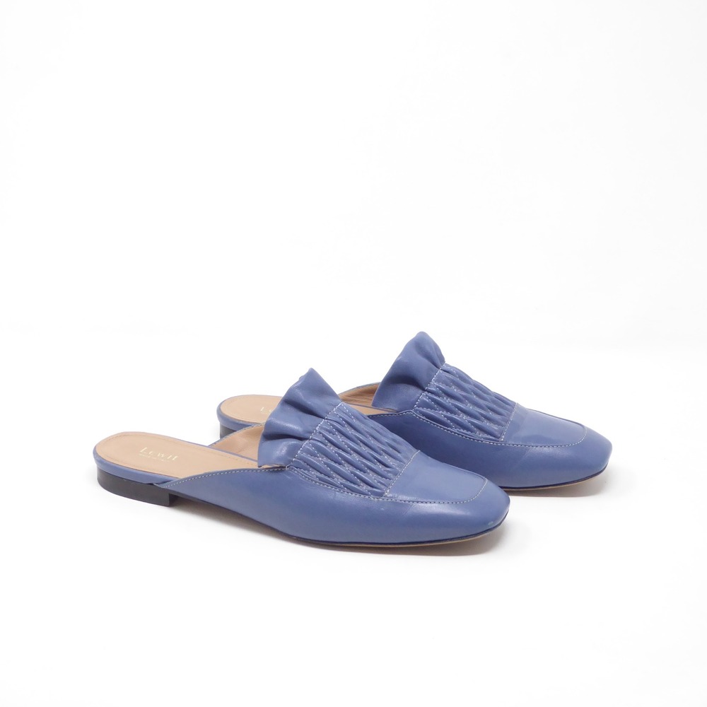Lewit Women Serena Ruffled Mule Blue Leather Smocked Square Toe Flats 36.5 / 6.5